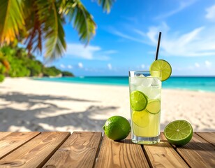 Tropical beverage on a wooden table, beach backdrop