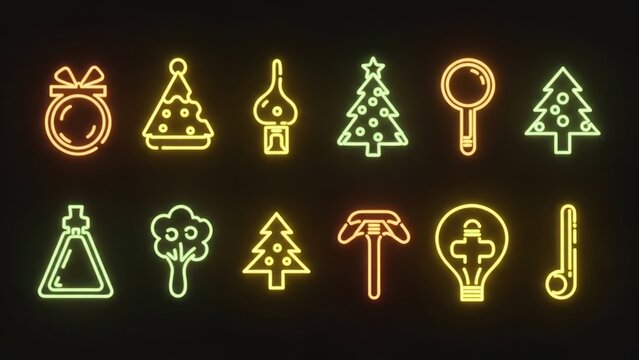 Neon Christmas icons set against a black background. - Powered by Adobe