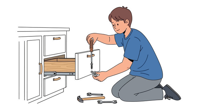 A young boy skillfully assembles a new cabinet, attaching a handle to the drawer in a DIY home project