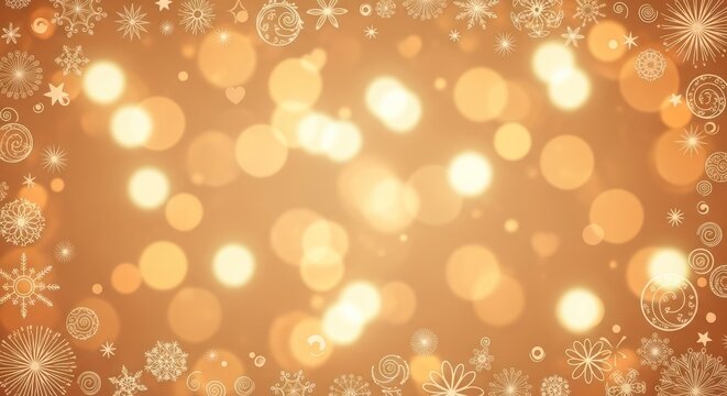 Golden bokeh lights with snowflakes and stars on a warm orange background. - Powered by Adobe