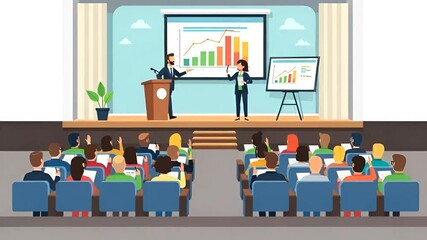 Animated business conference, featuring presentations, data charts, and audience engagement for