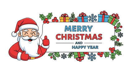 Jolly Santa Claus spreading festive cheer with a Merry Christmas and Happy New Year greeting banner, decorated with holiday elements