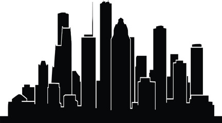 Black city skyline silhouette, minimalist urban design, modern skyscrapers, white background, stylized architecture, dense cityscape, metropolitan skyline art, vector illustration