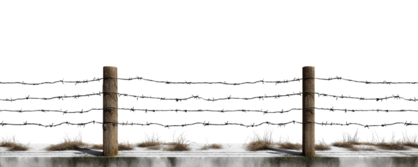 Wooden Fence Post with Barbed Wire isolated on a transparent background