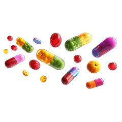 Assorted Colorful Capsules and Pills isolated on a transparent background