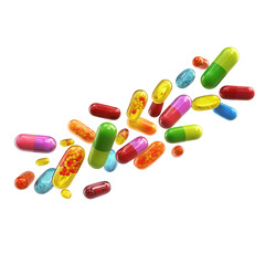 Assorted colorful capsules and pills isolated on a transparent background 1