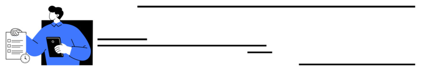 Person holding a clipboard and tablet with abstract horizontal lines. Ideal for workflow, productivity, evaluation, organization, inspection, digital progress, streamlined process. Simple flat