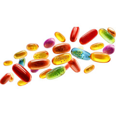 Assorted Gel Capsules and Pills isolated on a transparent background