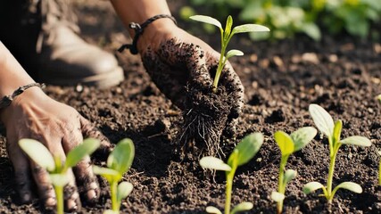 Closeup of persons hands covered in dirt carefully planting a small green seedling into dark, rich soil outdoors