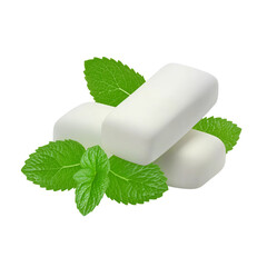 White Chewing Gum Pieces with Mint Leaves isolated on a transparent background