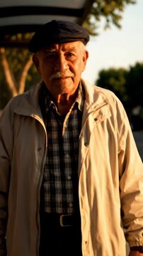 A distinguished mature man, likely an elder, is captured in a close-up portrait outdoors, bathed in the soft, warm glow of natural light. He wears a dark flat cap, a comfortable beige jacket over a pl
