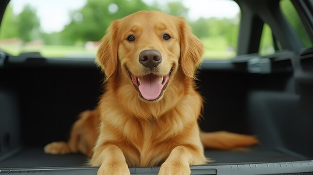 Golden retriever dog sitting in car trunk, happy expression, outdoor, summer, travel