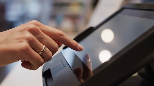 Close up of a womans hand with a wedding ring touching a modern point of sale touchscreen display in a retail setting