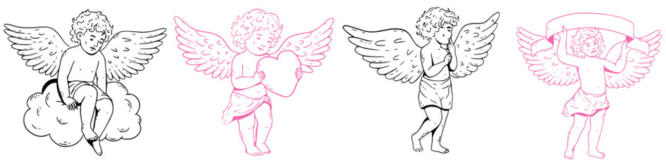 Coquette cupid whimsical set. Hand drawn vintage cherubs with cloud, heart, banner and thoughtful pose in doodle style