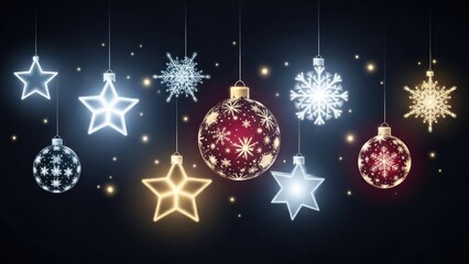 Christmas ornaments and snowflakes hanging against a dark background.