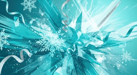 A blue and white abstract winter scene with snowflakes and ribbons.