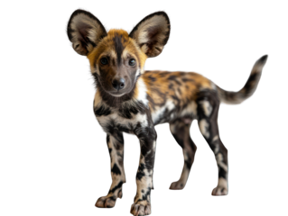 African Wild Dog puppy with spotted coat, standing against black background