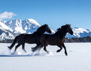 Two dark horses gallop across a snow-covered field with mountain backdrop