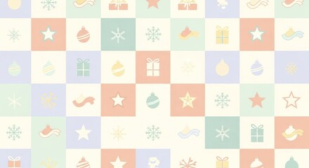 A colorful Christmas-themed pattern with pastel colors and festive icons.