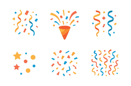 Confetti celebration, streamers, party icons, flat vector illustration design