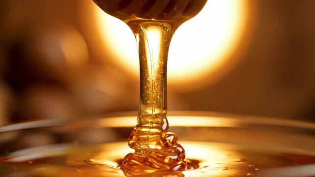 golden honey dripping from wooden dipper, slow-motion macro shot of viscous amber liquid cascading into glass jar, glossy texture and warm bokeh glow create cozy breakfast and gourmet cooking mood - Powered by Adobe