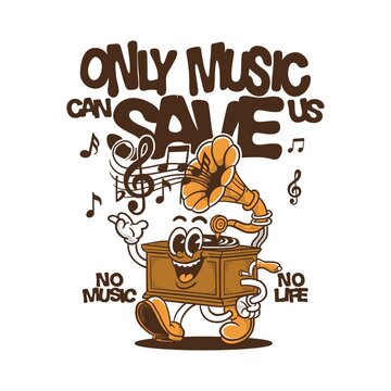 only misc can save us with smile gramophone cartoon character vintage illustration design 