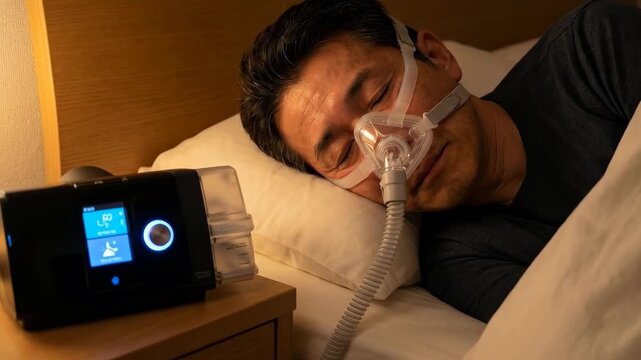Middle aged man sleeping with cpap machine for sleep apnea therapy