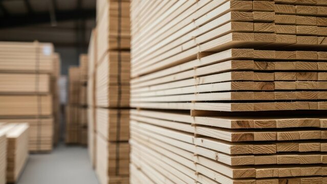 Stacks of freshly cut lumber arranged neatly within a warehouse setting.