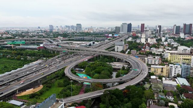 Drone Panning Right Across Bang Kapi District in Bangkok With a Large Urban Expressway