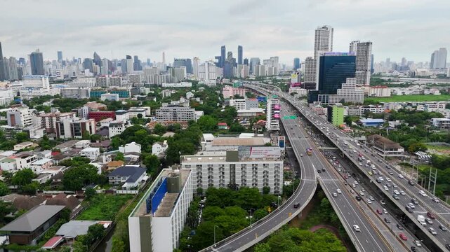 Wide Angle Aerial View Bangkok Bang Kapi District With Expressways and Skyscrapers on Cloudy Day