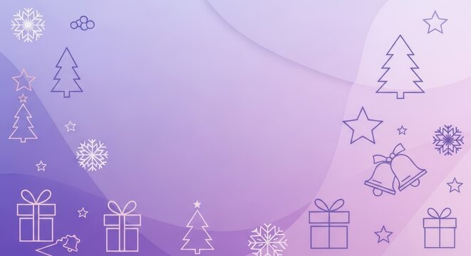 Purple and pink abstract background with Christmas tree, star, snowflake, and gift icons. - Powered by Adobe