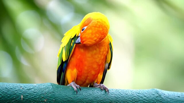 Vibrant orange and yellow sun conure parrot perched on a textured green branch with a soft green bokeh background
