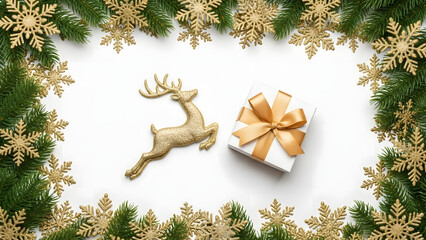 Detailed gold snowflakes and green pine needles, frame an area in the center of a white background, with glitter gold reindeer and a white gift with a gold ribbon as the main elements