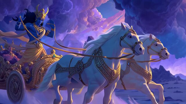 Lord Krishna riding a golden chariot with white horses, divine battlefield scene from Mahabharata, spiritual Hindu mythology illustration in purple and blue