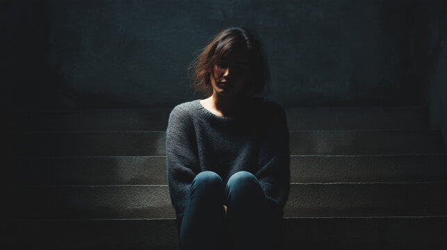 Sad woman sitting. Woman sitting on steps in shadows with a contemplative expression