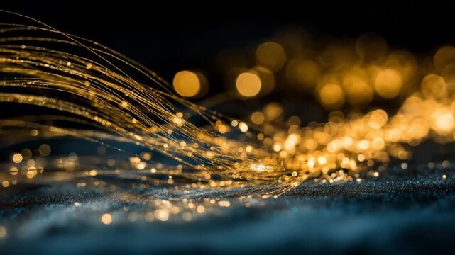 Abstract golden light trails with bokeh effect on dark background  