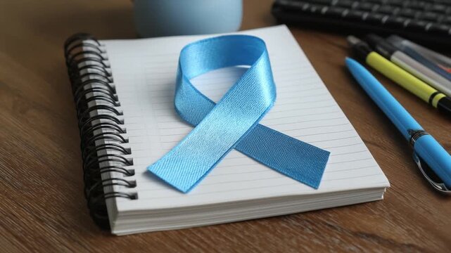 Blue awareness ribbon placed on a notepad with stationery items  