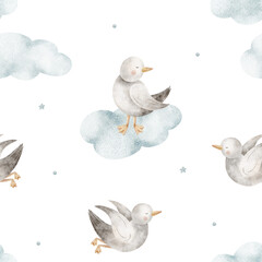 Pattern seagulls flying in clouds. Watercolor illustrations birds, doves, seabirds hand-drawn in nautical children's style. Isolated background for fabric design clothing textiles wallpaper postcards