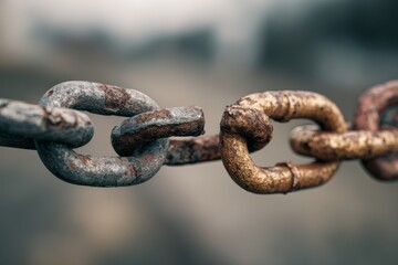 Fototapeta premium Close-up of a rusted chain with a broken link symbolizing release and transformation.