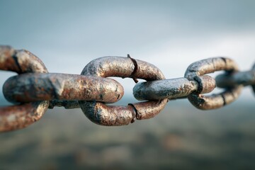 Close-up of a rusted chain with a broken link symbolizing release and transformation.