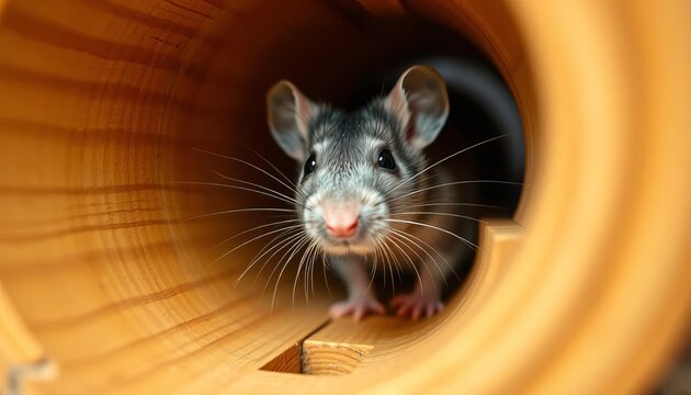 Curious pet rat exploring a wooden maze tunnel, inquisitive whiskers twitching,  furry,  investigative - Powered by Adobe