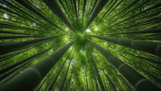 Looking upwards through a dense bamboo forest canopy, capturing the light.