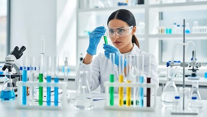 Young Woman Scientist Working in a Modern Laboratory with Test Tubes and Microscope.