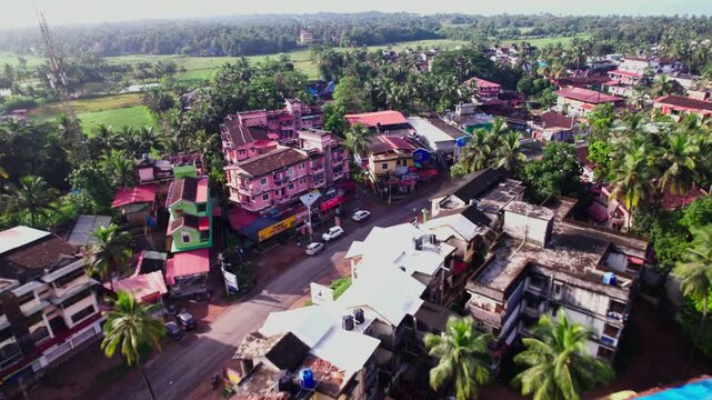 colva beach road with residential houses, Coconut trees and farming land at fatona, goa. day time, push in shot, drone shot, 4k.