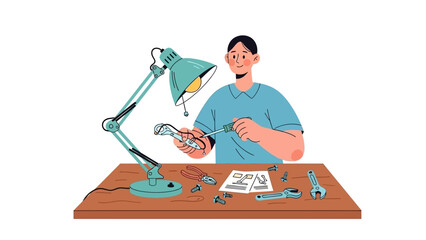 Man Assembling Parts with Tools Under Lamp Vector Illustration for DIY, Repair, and Home Improvement
