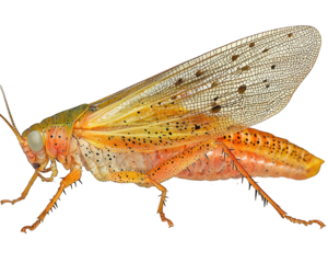 Illustrated orange grasshopper with speckled wings against a dark background