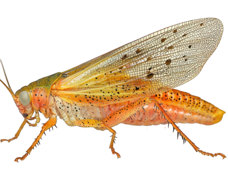 Illustrated orange grasshopper with speckled wings against a dark background