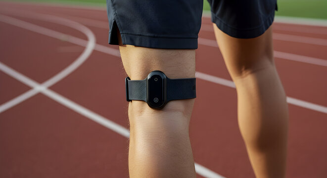 Athlete's Leg with Wearable Technology Device on Running Track During Daytime Workout Session