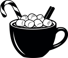 Hot chocolate mug with marshmallows, candy cane, and cinnamon