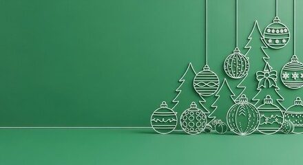 Green and white Christmas tree and baubles on a green background.